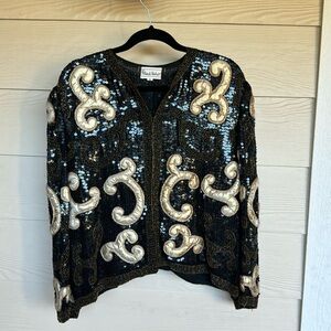 Frank Visher~ Size S. Black and gold silk and sequin waist length jacket.